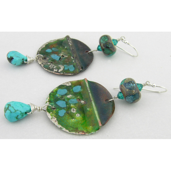 Handmade earrings teal green lampwork turquoise crystals sterling