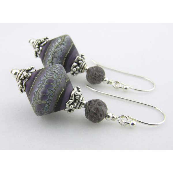 Artisan purple white grey earrings with lampwork glass, dinosaur bone, sterling