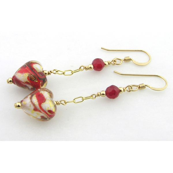 Handmade earrings with red white gold venetian hearts red quartz gold fill