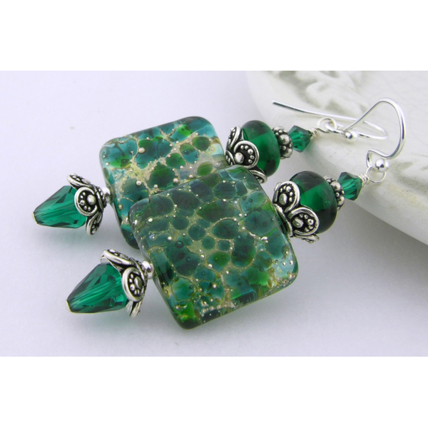 Artisan dark green earrings with square lampwork glass, Swarovski, sterling