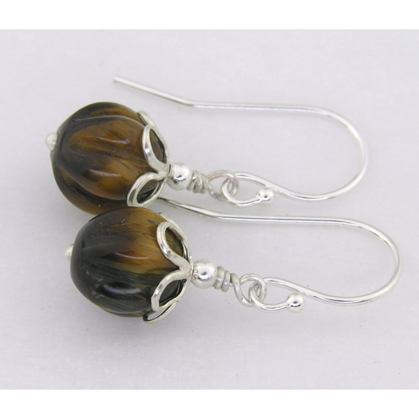 Artisan carved tiger eye earrings sterling brown melon petals