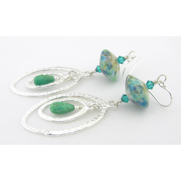 Handmade earrings with blue teal green lampwork glass, turquoise sterling