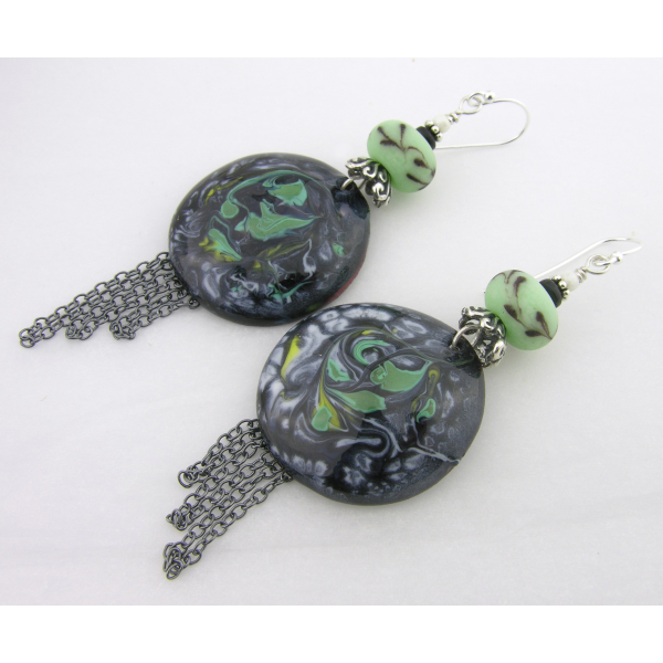 Handmade earrings mint green lampwork black onyx enamel sterling