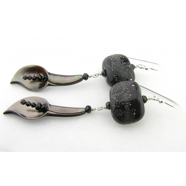 Handmade earrings with lily flowers, lampwork glass, black spinel, sterling