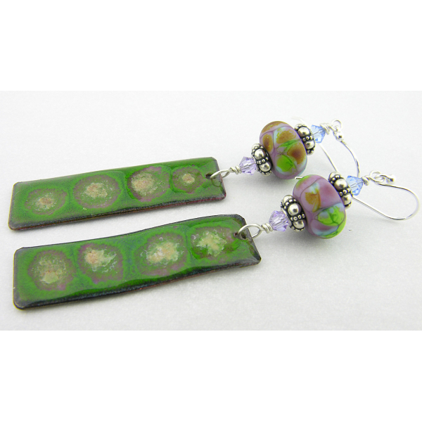 Artisan made green purple enamel on copper earrings lampwork sterling