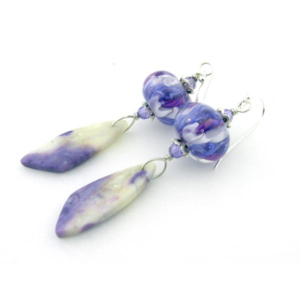 Handmade white lavendar earrings with mexican purple opal cubic zirconi lampwork