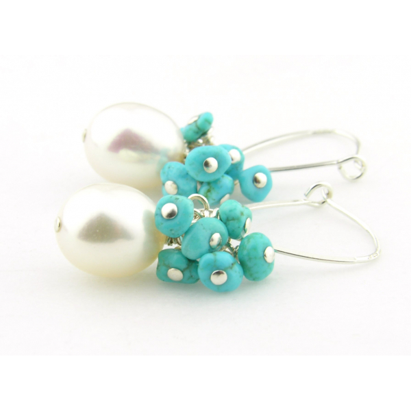 Artisan made sterling earrings with white pearls and sleeping beauty turquoise