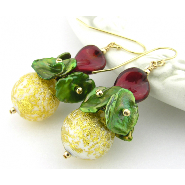 Artisan made red green gold earrings with Venetian beads keshi pearls