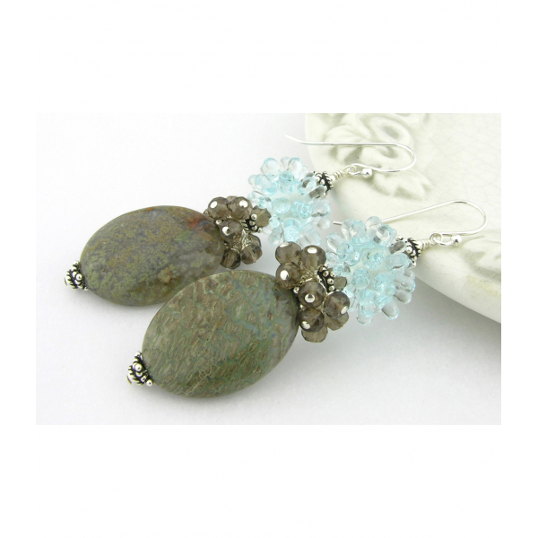 Handmade earrings with aqua spiky urchin lampwork glass, smoky quartz, sterling