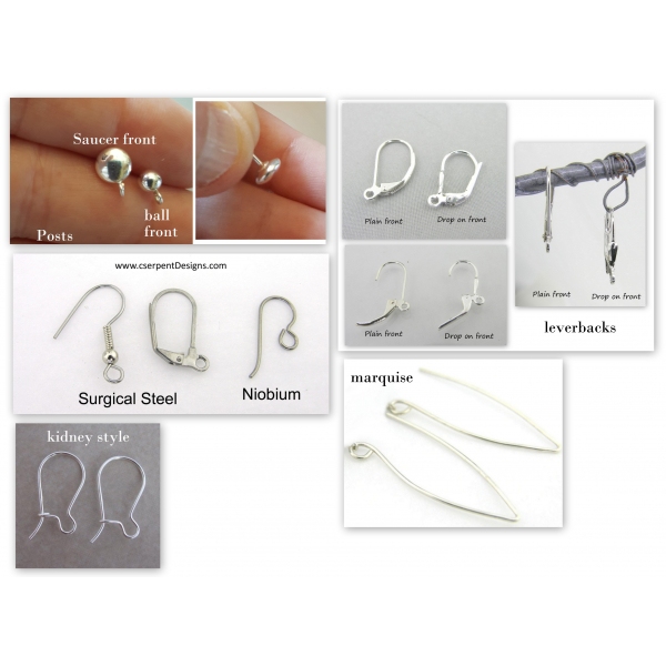 Ear wire styles available in sterling and surgical steel