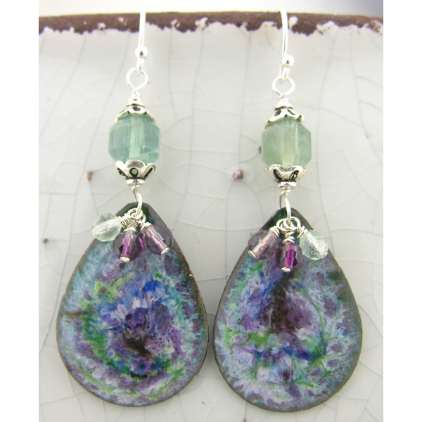 Green, blue, purple enamel on copper, fluorite and sterling earrings