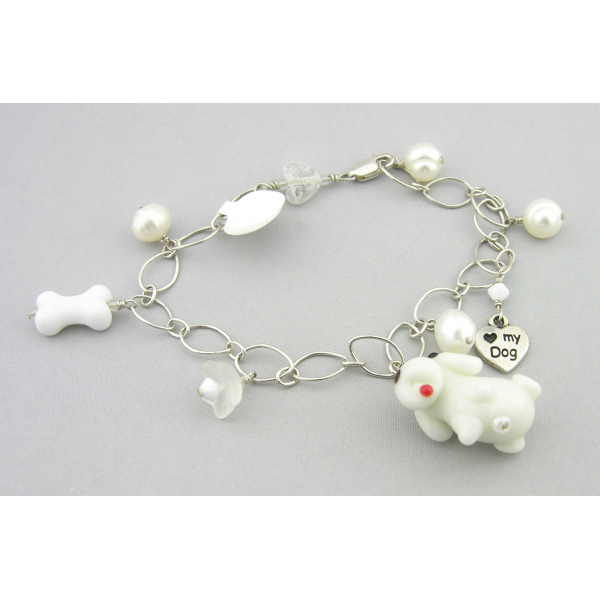 Handmade dog charm bracelet in white sterling silver crystal pearls flower heart