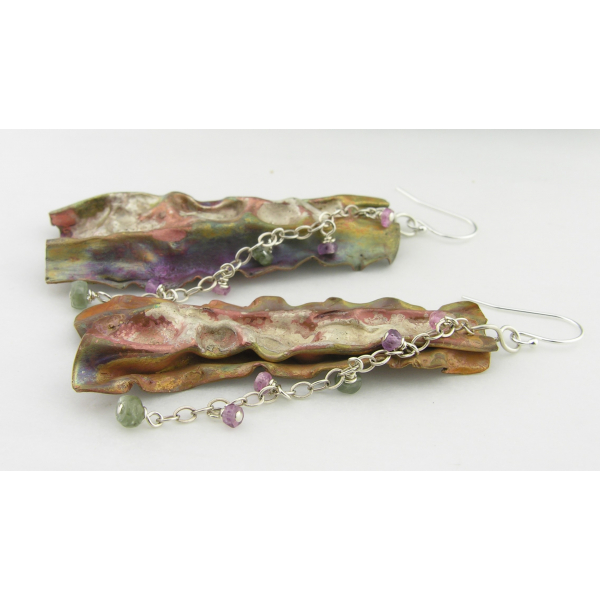 Artisan made organic fold formed copper, sterling and sapphire earrings
