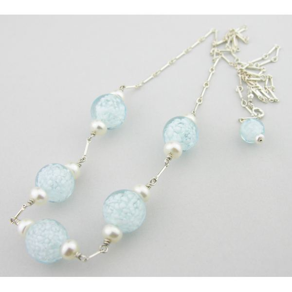 Artisan aqua white & silver necklace with Venetian glass beads freshwater pearls