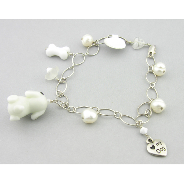 Handmade dog charm bracelet in white sterling silver crystal pearls flower heart
