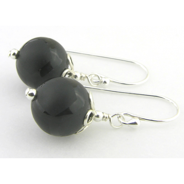 Artisan etched black onyx earrings sterling silver random lines petals