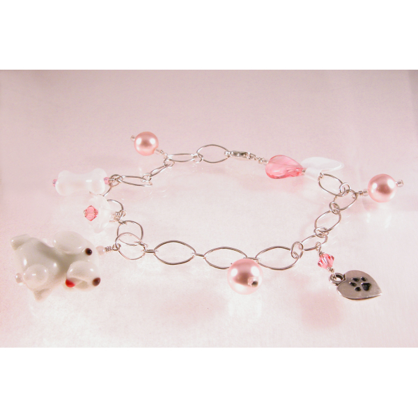 Handmade dog charm bracelet in white pink sterling silver crystal glass pearl