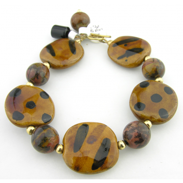 Handmade bracelet brown black picture jasper gemstone kazuri ceramic gold fill