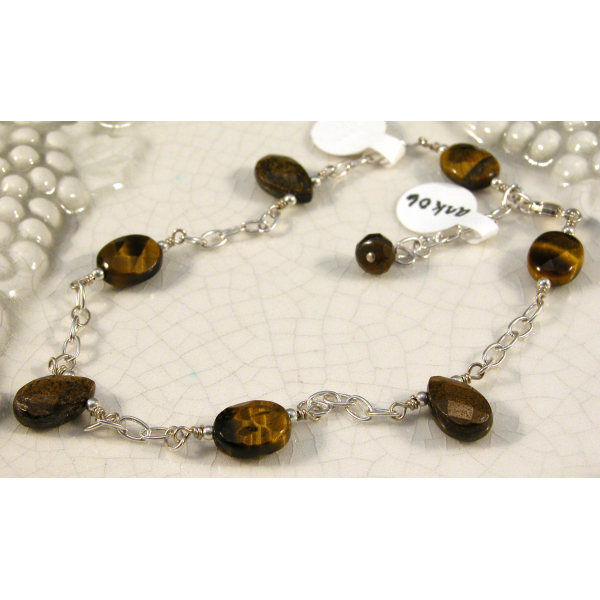 Artisan made sterling silver anklet brown tiger eye bronzite gemstones