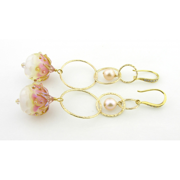 Handmade gold pink earrings with artisan lampwork freshwater pearls gold fill