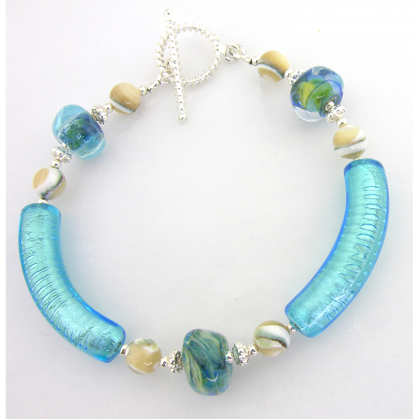 Handmade bracelet aqua sand beige shell gemstones lampwork sterling silver