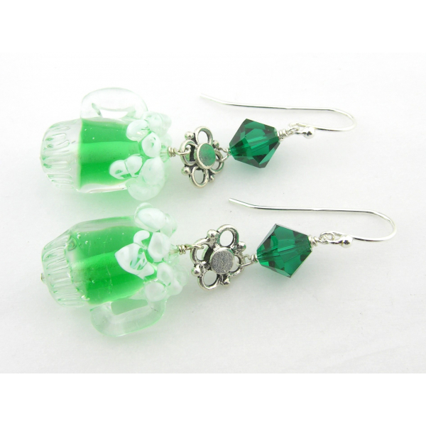 Artisan made green sterling earrings with frothy green beer mug Swarovski cryst