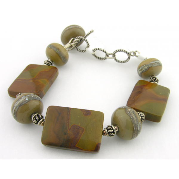 Handmade bracelet olive green brown jasper gemstones lampwork sterling silver