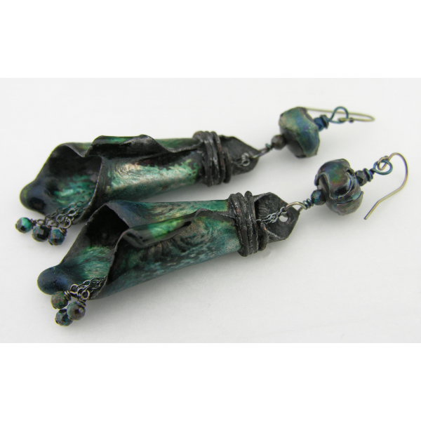 Artisan made teal black enamel on copper earrings sterling silver chrysocolla