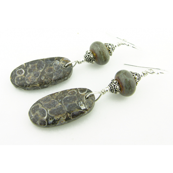 Hand made brown gray fossil turritella agate lampwork sterling earrings