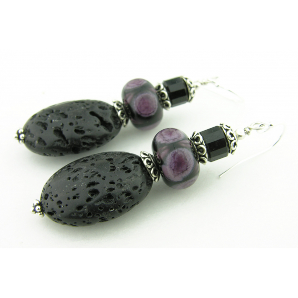 Artisan purple black earrings with lampwork glass, lava, tourmaline, sterling