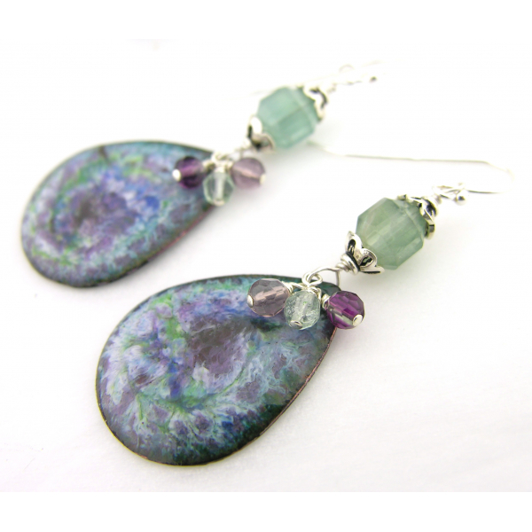 Green, blue, purple enamel on copper, fluorite and sterling earrings