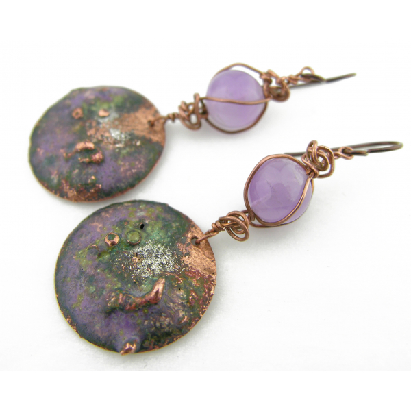 Artisan made reticulated enameled copper drops and amethyst earrings