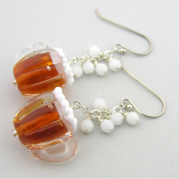 Beer and Bubbles Earrings - handmade artisan sterling silver dangle beer mug amb