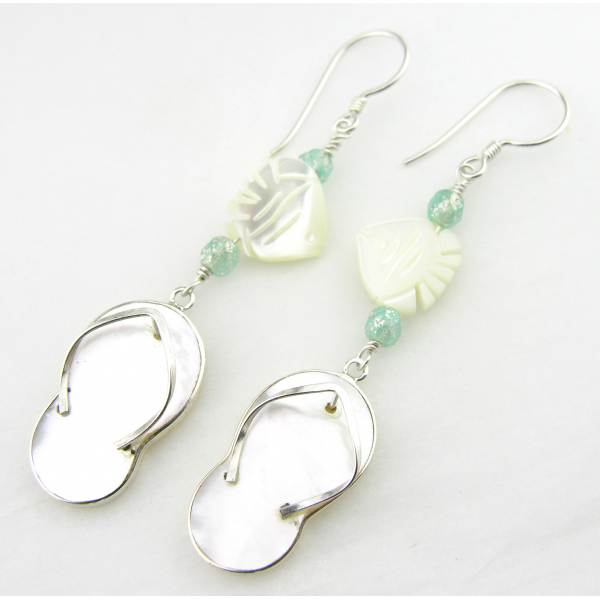 Handmade mother of pearl flip flop earrings with angel fish and aqua czech glass