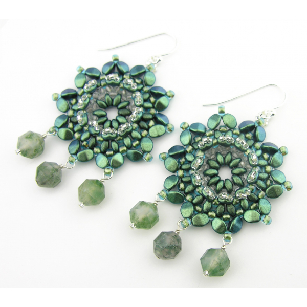 Teal Flowers Earrings - teal green bead weave flower moss agate