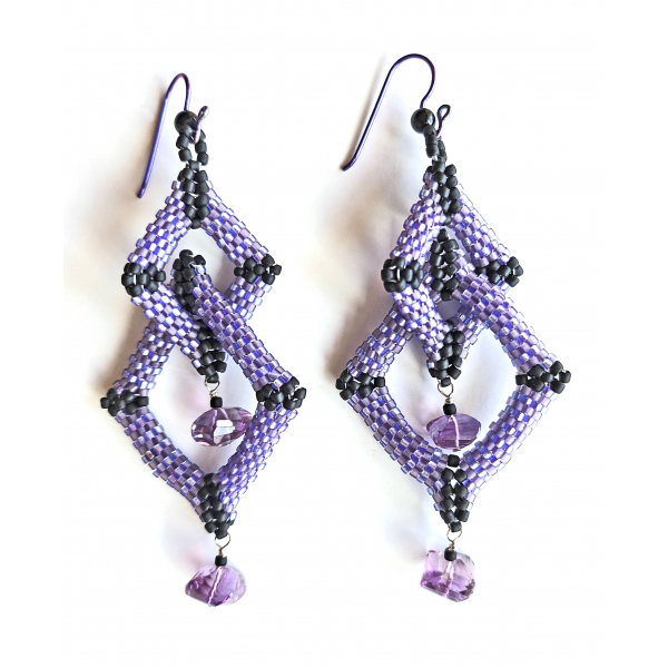 Purple and Black Diamonds Earrings - seed bead weave amethyst sterling silver