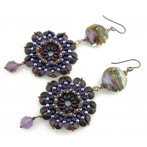 Dark Velvet Flowers Earrings - purple and copper bead weave flower super 7 gemstone artisan lampwork Dark Velvet Flowers Earrings - purple copper bead weave flower super 7