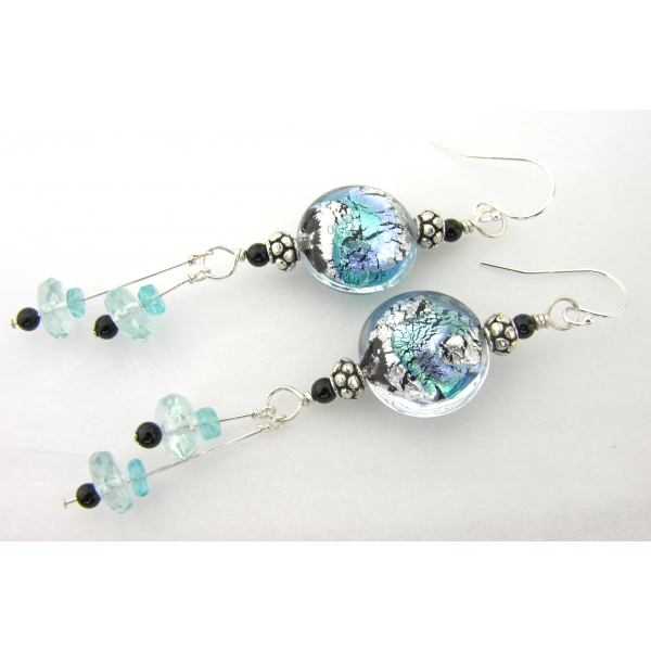 Handmade earrings with aqua blue black Venetian glass, onyx, apatite sterling