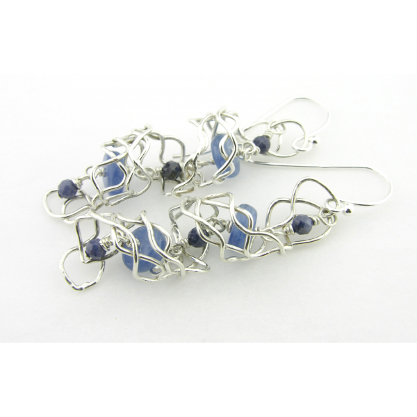 Artisan made argentium sterling mesh spiral earrings with kyanite blue sapphires