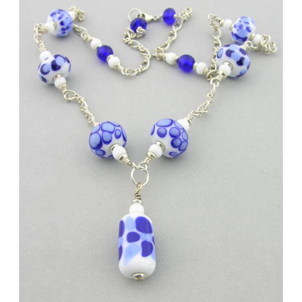 Artisan made blue and white necklace with lampwork and sterling silver