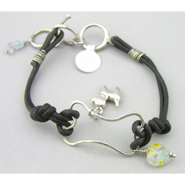 Handmade wire bone bracelet with sterling silver dog charm leather aquamarine