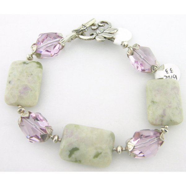 Handmade bracelet light green jasper lavendar crystal gemstones sterling silver