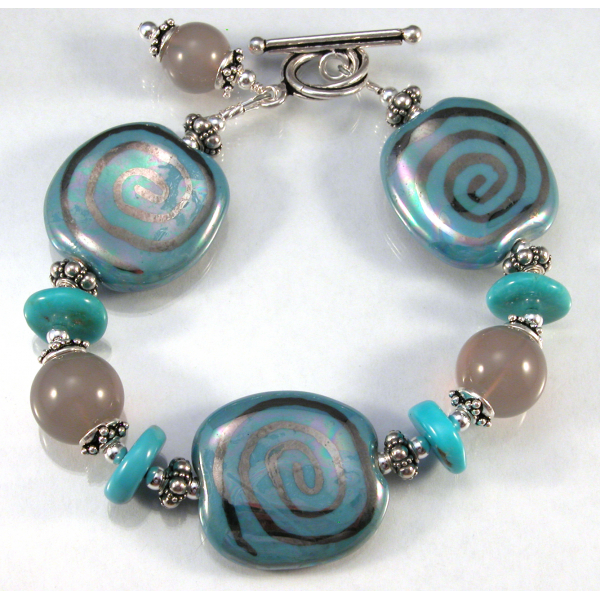 Handmade bracelet grey agate gemstone turquoise kazuri ceramic sterling silver