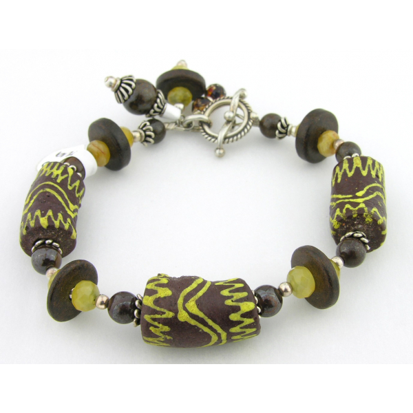 Handmade bracelet brown yellow opal gemstones Ghana glass sterling silver
