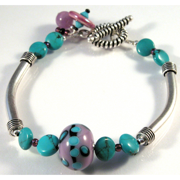 Handmade bracelet purple turquoise black artisan lampwork sterling silver