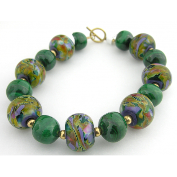 Handmade bracelet green purple artisan lampwork malachite gold fill