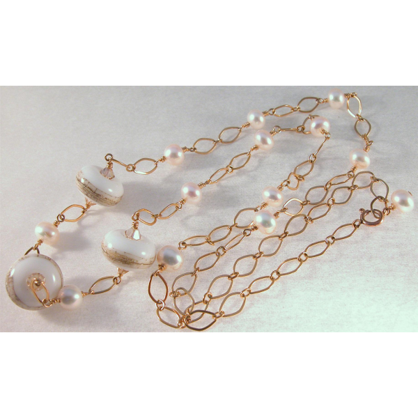 Handmade necklace with artisan lampwork pearls and gold fill chain, clasp, wire
