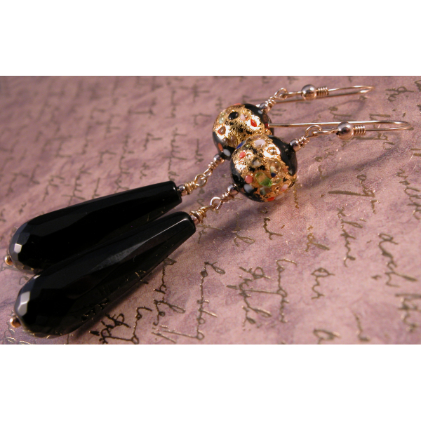 Artisan earrings with black onyx and venetian beads gold fill vermeil