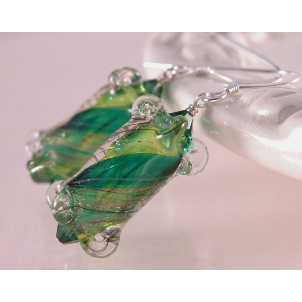 Artisan green short earrings with artisan furnace glass, Swarovski, sterling