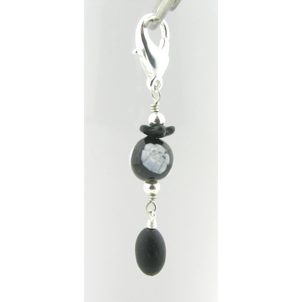 Artisan made black and white stitch marker Venetian bead black jade silver